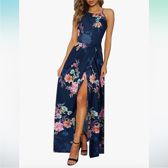 Navy Floral Halter Maxi Dress with Pockets - Picture 2 of 8